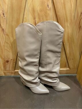 Nine West Beige Slouchy Mid-Calf Heeled Boots